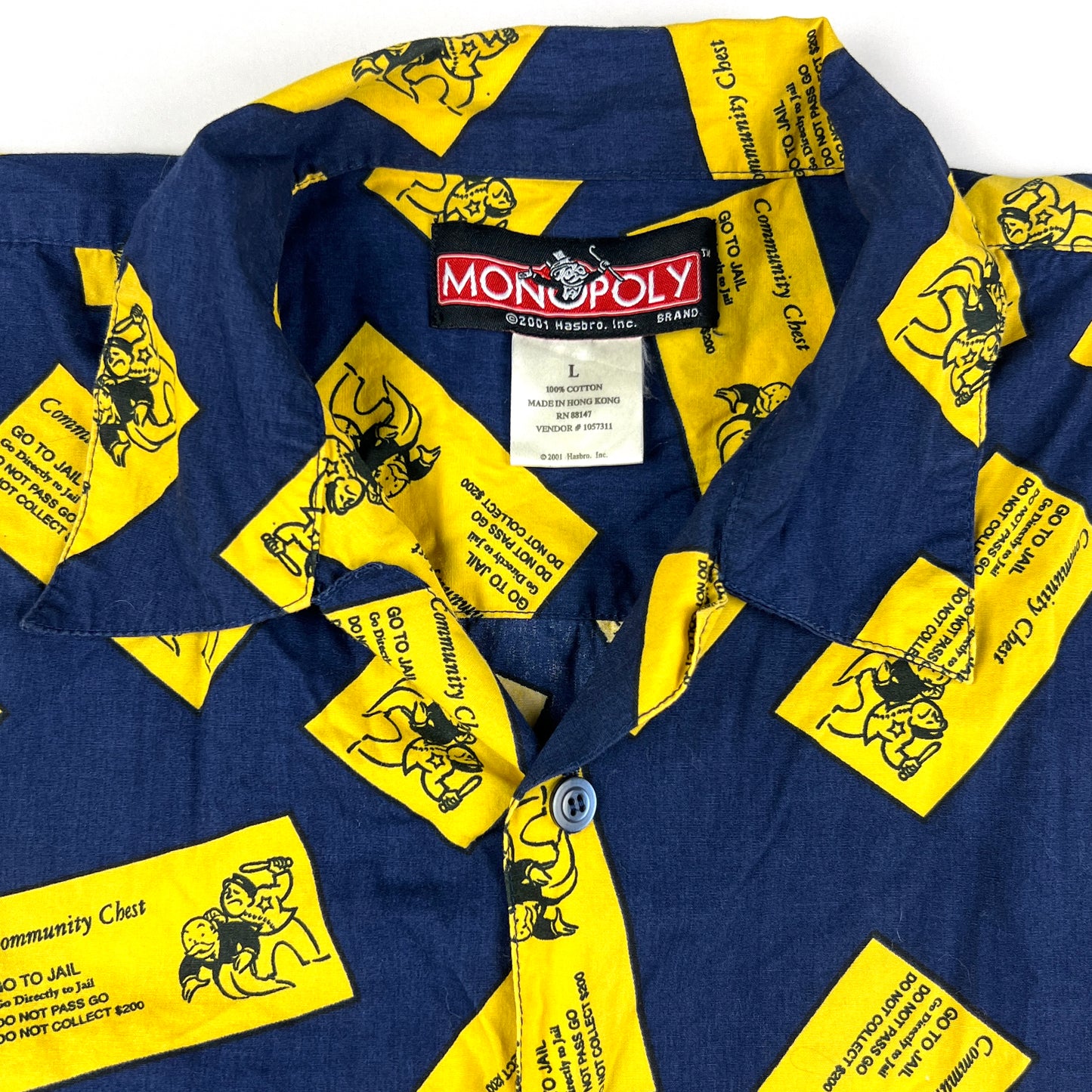 2001 MONOPOLY COMMUNITY CHEST BUTTON SHIRT